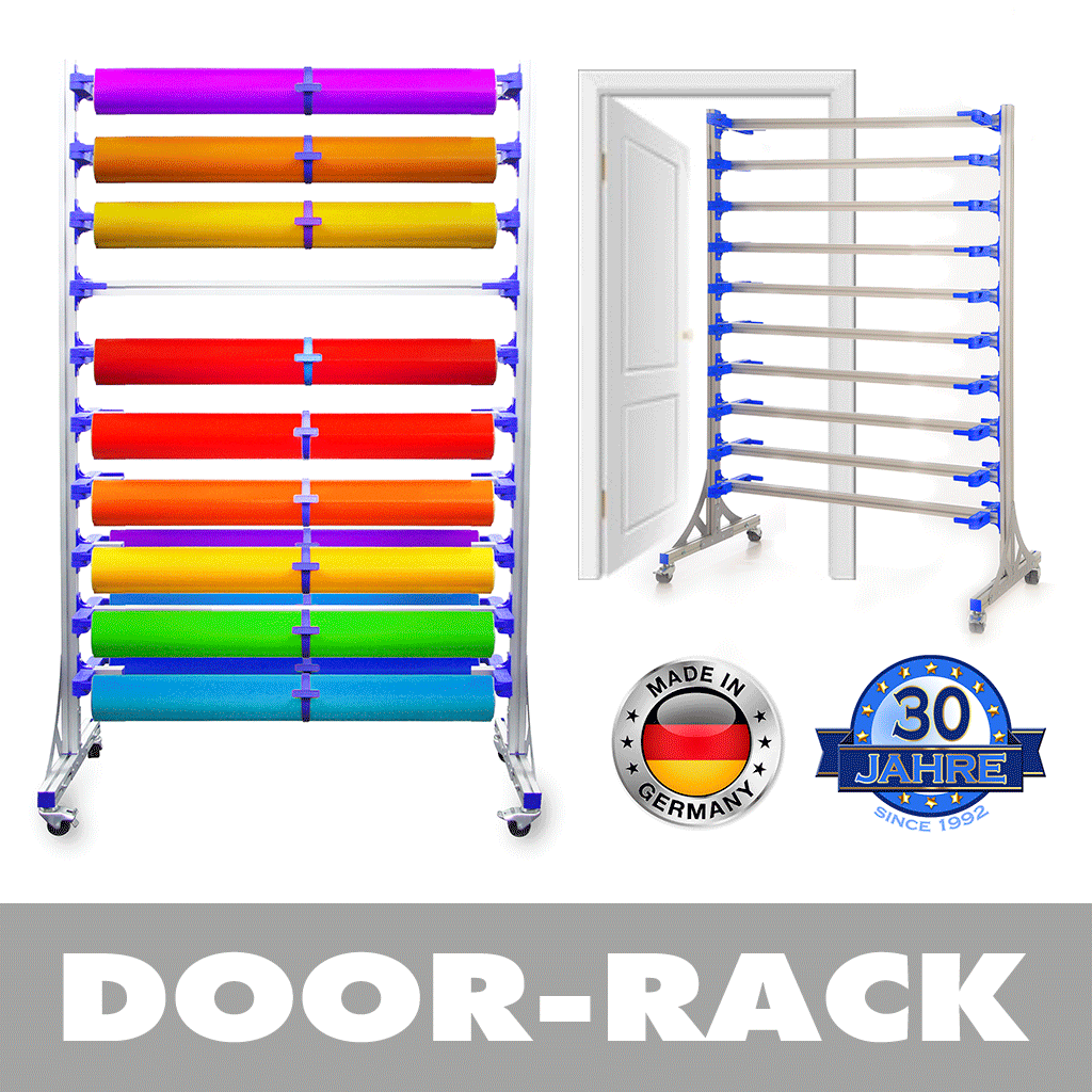 Folien-Ständerregal-DOOR, fahrbar für max. 100 cm breite Vinyl-Folien