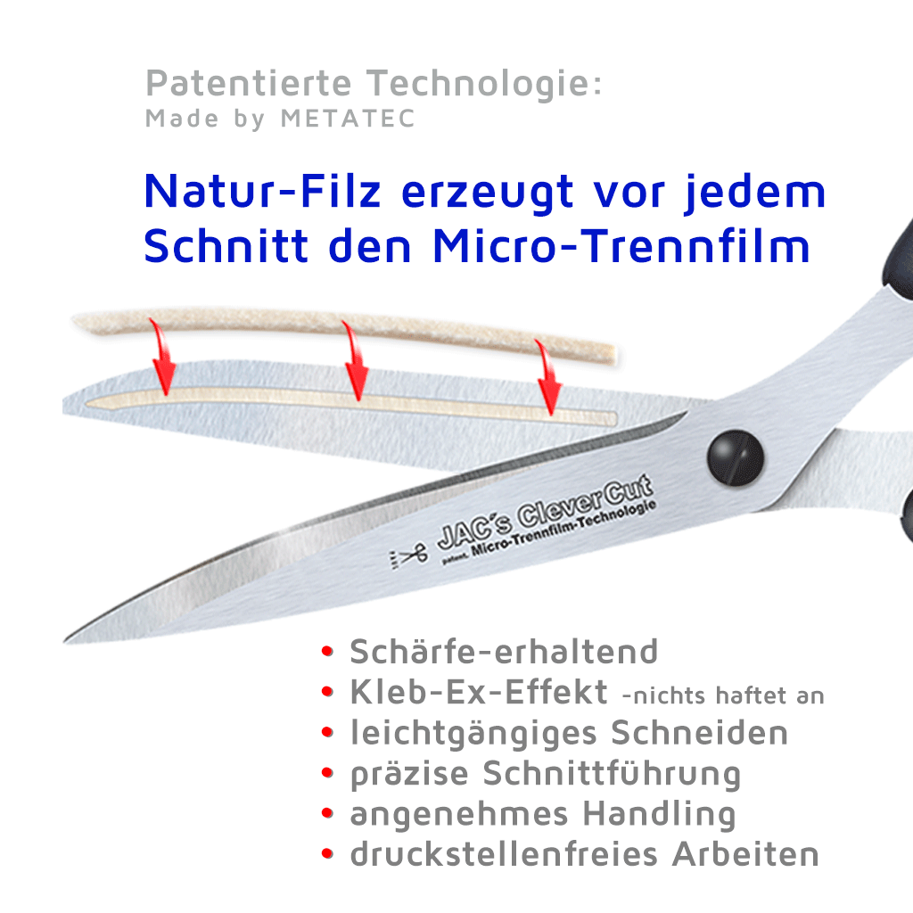 Schere "JACs CleverCut" zum Schneiden klebender und nichtklebender Materialien, mit patent. Micro-Ölfilm-Technologie