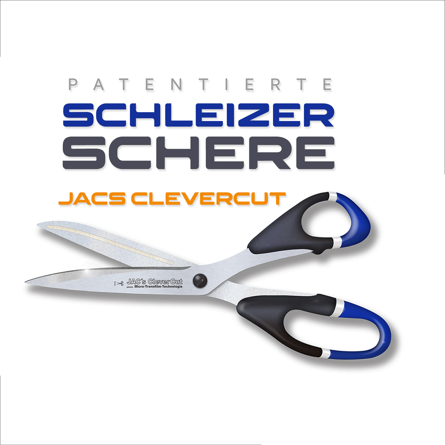 Schere "JACs CleverCut" zum Schneiden klebender und nichtklebender Materialien, mit patent. Micro-Ölfilm-Technologie