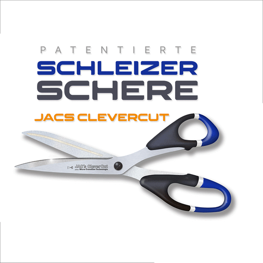 Schere "JACs CleverCut" zum Schneiden klebender und nichtklebender Materialien, mit patent. Micro-Ölfilm-Technologie