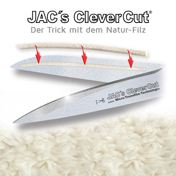 Schere "JACs CleverCut" zum Schneiden klebender und nichtklebender Materialien, mit patent. Micro-Ölfilm-Technologie